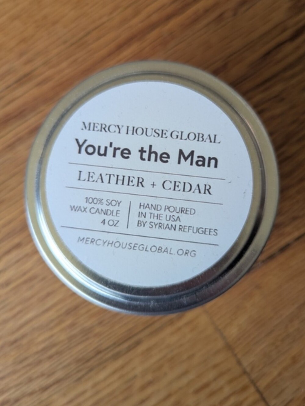 "You're the Man" Leather + Cedar Soy Candle - Silver Tin, 4 oz